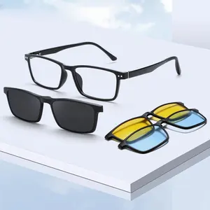 Nuevo Clip magnético en el marco de las gafas Hombres Marco de prescripción óptica Gafas Hombres Rectángulo Clip polarizado Gafas de sol