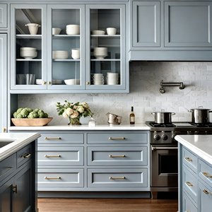 Morandi Blue Solid Wood Modular <b>Kitchen</b> <b>Cabinets</b> with Stone Countertop and Sink Eco-Friendly Factory Direct Itchen-abinets - Product Image 1