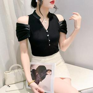 Nouveau T-<span class=keywords><strong>shirt</strong></span> d'été <span class=keywords><strong>original</strong></span> de créateur, <span class=keywords><strong>chic</strong></span>, à épaules dénudées, manches courtes, avec boucle et perles, élégant et tendance - Product Image 6