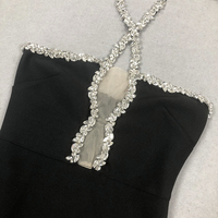 Robe Longue Moulante Tendance pour Femme, avec Strass, Épaules Dénudées et Col Halter, Robe Bandage Noire pour Femme Sexy