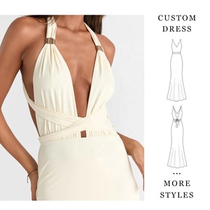 Vestido Maxi Elegante Personalizado para Mujer, Color Crema, Cuello Halter, Escote Profundo en V, Espalda Descubierta, Vestido de Fiesta, MOQ Bajo, Fábrica <span class=keywords><strong>China</strong></span> - Product Image 3