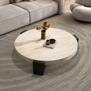 Tables basses rondes italiennes OEM ODM, style nordique moderne, meubles de <span class=keywords><strong>salon</strong></span>, base <span class=keywords><strong>en</strong></span> bois de frêne massif, plateau <span class=keywords><strong>en</strong></span> marbre <span class=keywords><strong>travertin</strong></span> - Product Image 2