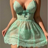 Lingerie Seksi Babydoll Berbahan Mesh dengan Cetakan, Kerah V Dalam, Tali Berhias Renda dan Berlian Imitasi, Warna Hitam Pink, untuk Malam Pengantin, Bulan Madu, Bahan Poliester