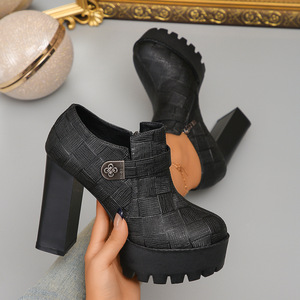 Thick Sole Deep Mouth Professional Flats Plus Size Autumn Fashion Women's Thick Heel Side Zipper High Heels - Product Image 4