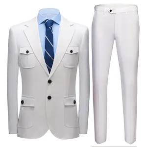 Vintage Pockets Men Formal Wear Single Breasted Jacket Pants White Wedding Men Suits