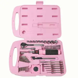 Pink color ladies 55pcs Household use Portable Ratchet Handle Tool Set in Cases Toolbox