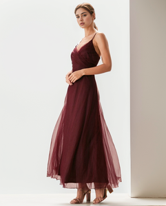 Personalizado Vintage <span class=keywords><strong>rojo</strong></span> sólido Color malla espagueti correas cuello en V espalda descubierta cintura largo mujeres Sexy elegante fiesta vestidos de noche - Product Image 3