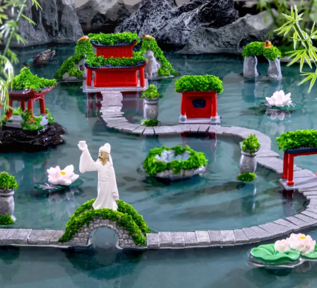 Chinesische Art Gartenbau Bonsai Sammlung Garten Spielzeug menschliche Figuren Miniatur Menschen Brücke Turm Ente Schwan Steingarten Pavillon