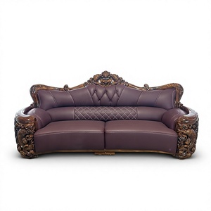 Juego de Sofás de Cuero de Lujo Estilo Europeo en Ébano, Muebles para Sala de Estar de Apartamento u Hotel, Sofá Grande de Madera Maciza Tallada para Villa - Product Image 1