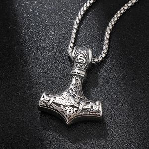 Personality Accessories Wholesale European and American Retro Carved Nordic Viking Necklace Thor's Hammer Men's Pendant - Product Image 4