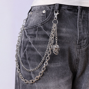โซ่คาดเอวรูปหัวกะโหลกสำหรับผู้ชาย สไตล์ฮิปฮอป โลหะผสมสังกะสี สองชั้น แบบลำลอง สไตล์พังก์ เครื่องประดับแฟชั่น โซ่คาดตัว - Product Image 1