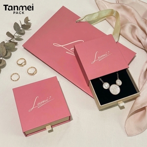 Custom Logo Pink Drawer Jewelry <b>Box</b> Set Luxury Cardboard <b>Gift</b> Packaging for Necklaces <b>Earrings</b> and Rings - Product Image 4