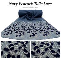 Tissu en dentelle de tulle bleu marine avec plumes de paon, strass et broderie 3D, maille légère perlée pour soirée de remise de diplôme, mariage et fête