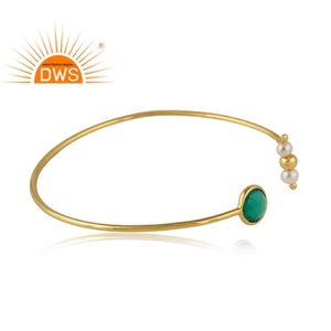 Popular Design Green Onyx and Pearl Gemstone Bangle Gold Plated <b>Silver</b> Sleek <b>Cuff</b> Bangle Jewelry Manufacturer - Product Image 2