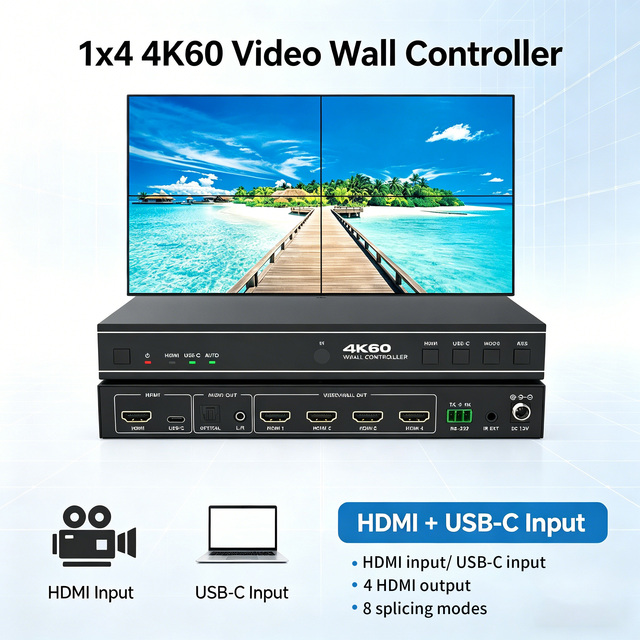 4K60Hz 1x4 2X2 Video Wall Controller 18Gbps HDMI USB-C Input 4 HDMI Outputs Splicing Wall Controller Audio Extraction IR RS232