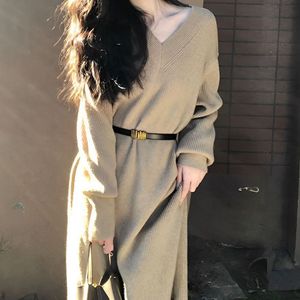 2024 Spring New Arrival Lady'<strong>s</strong> Fashion Loose Fit Plus Size Long <strong>Sweater</strong> with V-Neck and Front Logo New with Belt
