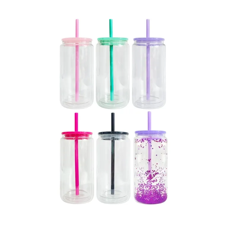 US-Lager 12 oz 15oz doppelwandige Schneekugel Glas becher 12 oz Glasdose mit farbigem PP-Deckel und Strohhalm Zur Sublimation