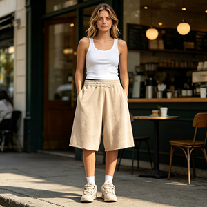 Pantaloni Casual da <span class=keywords><strong>Donna</strong></span> in French Terry con Logo Personalizzato, Taglio <span class=keywords><strong>3</strong></span>/<span class=keywords><strong>4</strong></span>, Traspiranti, Gamba Larga, Vestibilità Regolare, OEM ODM - Product Image 2