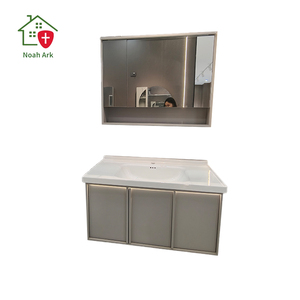 Nouvelle armoire de salle de bain intelligente et moderne, grise, avec miroir de rangement, lavabo blanc sur comptoir, armoire de sol, fonction anti-buée - Product Image 5