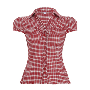 Blusa a cuadros de manga corta para mujer, estilo clásico preppy, con bloques de color, botones, cuello casual y detalles de ganchillo. - Product Image 2