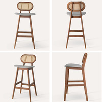 Tabouret de bar en bois massif de style nordique du milieu du siècle, dossier en rotin tressé, chaise de bar moderne pour la maison, le restaurant, le balcon