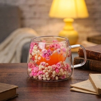 Vente en gros d'usine, tasse à café en verre transparent personnalisée de 350 ml, en borosilicate de haute qualité, à double paroi, avec fleurs séchées