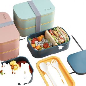 กล่องข้าวพลาสติกสองชั้นแบบญี่ปุ่น พกพาสะดวก ความจุเยอะ ใช้กับไมโครเวฟได้ กล่องเบนโตะนักเรียนดีไซน์สร้างสรรค์ พร้อมช้อนส้อม - Product Image 1