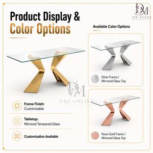 Table à manger de luxe en acier inoxydable avec plateau en verre transparent, base sculpturale en Z, mobilier moderne pour événements et mariages - Product Image 3