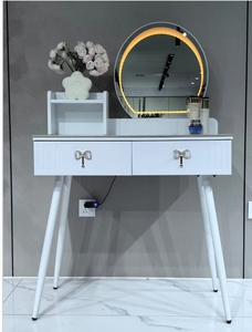 Wholesale Modern Bedroom Dressing Furniture <b>LED</b> Round <b>Mirror</b> <b>Makeup</b> Vanity Desk With Storage Drawers And Stool - Product Image 2