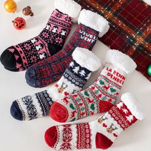 Chaussettes d'intérieur en jacquard de Noël, en polaire d'agneau épaisse, antidérapantes, motif Père Noël, renne, bonhomme de neige, pour l'hiver - Product Image 3
