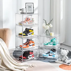 Clear Acrylic Wholesale Sneaker Box Uk Magnetic Custom Logo Drop Front Transparent Shoe Box Storage Stackable Shoe Case