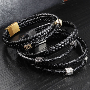 Men's Hand-Woven Multi-Layer <b>Bracelet</b> Black Genuine Leather Cord with Stainless Steel and Rhinestone Accents - Product Image 1