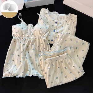 HUOYOUNG-Pijama de verano personalizado con borde de encaje <span class=keywords><strong>para</strong></span> mujer, pijama de Modal acanalado de 4 piezas, ropa de <span class=keywords><strong>dormir</strong></span> estampada <span class=keywords><strong>para</strong></span> mujer, pijama, conjunto de pantalones <span class=keywords><strong>cortos</strong></span> <span class=keywords><strong>para</strong></span> mujer - Product Image 2