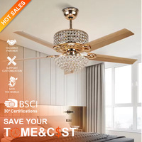 Tyson Luxe Doré Led Lustre Éclairage Télécommande Fantaisie Pendentif Lampe Maison Hôtel Moderne Cristal Ventilateur De Plafond Avec Lumière