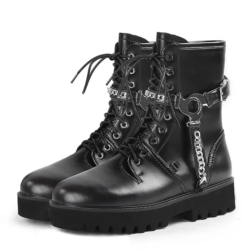 boxing style metal chain biker boots for girls calf leather boots