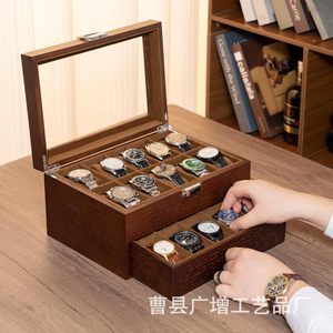 Caja de almacenamiento de relojes de madera para escritorio, con tapa de cristal y cajón para relojes de hombre y mujer, madera maciza, rectangular, color retro, GZ 217 - Product Image 3