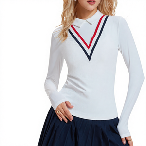 Nuova Collezione Luyu: Magliette Sportive <span class=keywords><strong>POLO</strong></span> a Blocchi di Colore, Maniche Lunghe, Aderenti da <span class=keywords><strong>Donna</strong></span> per Yoga, Tennis e Pilates - Product Image 1