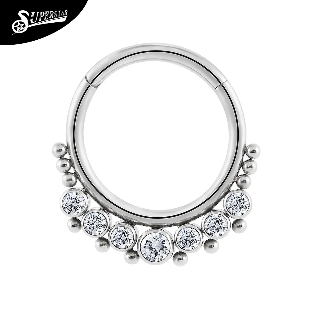 Superstar custom septum inlaid 7 white round zircon and welded with 12 G23 titanium balls nose ring body piercing jewelry
