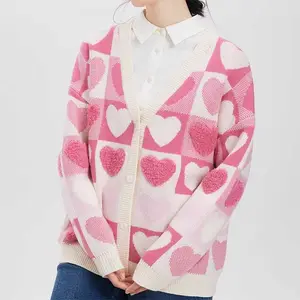 Suéter de lã feminino novo cardigan de malha macio de cera adorável e solto com coração xadrez suave