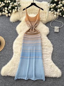 <span class=keywords><strong>Vestido</strong></span> Maxi de Mujer en Degradado <span class=keywords><strong>Amarillo</strong></span> Neón y Borgoña, Tejido a <span class=keywords><strong>Crochet</strong></span>, Corte en A, con Detalle de Borlas, Sin Mangas, Antiarrugas, Casual, para Verano - Product Image 1