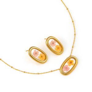 Collana JF Jewelry in acciaio inossidabile placcato <span class=keywords><strong>oro</strong></span> 18 carati con fiore ovale essiccato, vero fiore rosa arancione conservato in resina. - Product Image 1