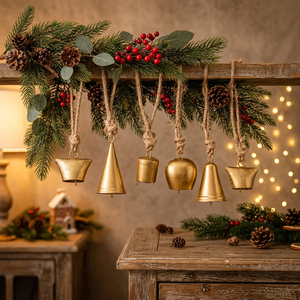 Guirnalda de Campanas Navideñas Rústicas con Colgadores de Cuerda, Campanas Metálicas Hechas a Mano, Decoración Navideña para Colgar en la Pared Interior - Product Image 4