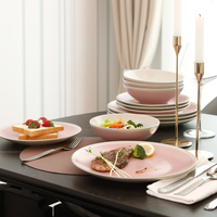 Service de table en grès de qualité supérieure de 18 pièces pour 6 personnes, bicolore rose poudré et blanc cassé moucheté, pour la maison, la cuisine et la salle à manger