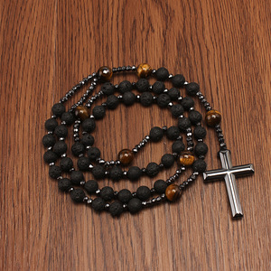 Cuentas de roca de lava volcánica Natural, collares de Rosario de Cristo católico, collar con colgante de Cruz de hematita para hombres - Product Image 2