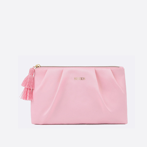 Custom <b>Pink</b> Satin Cosmetic Pouch with Gold Foil Logo and Double Tassel for Bridesmaid Gifts and Travel Makeup Storage - Product Image 4