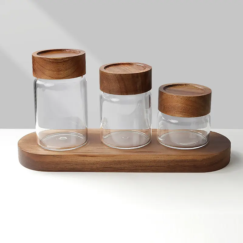 Tarros herméticos de vidrio de borosilicato, tapa de madera de grado alimenticio, almacenamiento de cocina, 180ml, 300ml, 1000ml