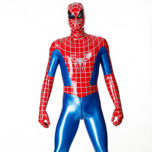 Catsuit <span class=keywords><strong>in</strong></span> lattice da <span class=keywords><strong>uomo</strong></span> per cosplay, blu metallizzato e rosso, a copertura totale, con cerniera posteriore a 3 vie e finitura effetto polvere. - Product Image 1