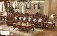 Canapé d'angle de luxe en cuir marron, lot de 7 places, salon, style américain, sculpture sur bois, luxe