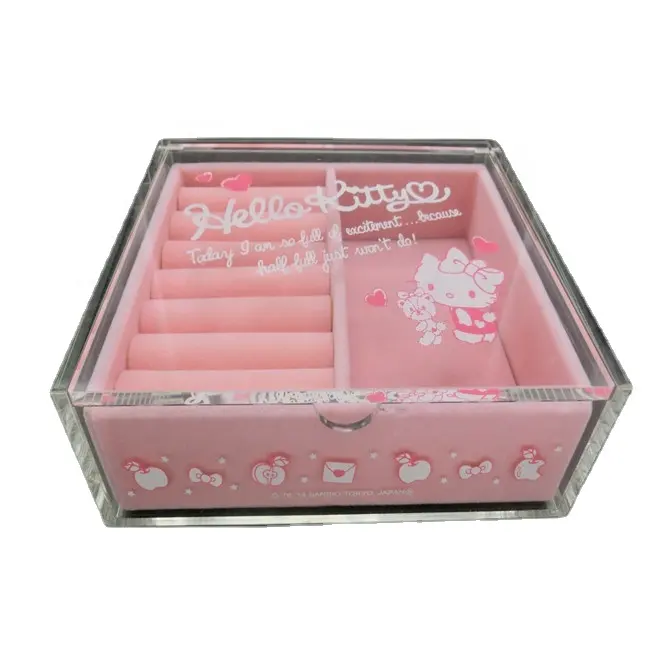 Caixa de exibição de joias Hello Kitty, organizador de colar e brincos em acrílico transparente, rosa, atacado de fábrica, caixa de presente