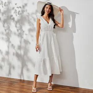 Fábrica direta oem 2023 Spaghetti Strap Shoulder elegante Mulheres senhora Summer Dress Shift Ruffle Sundress Mini Algodão Linho